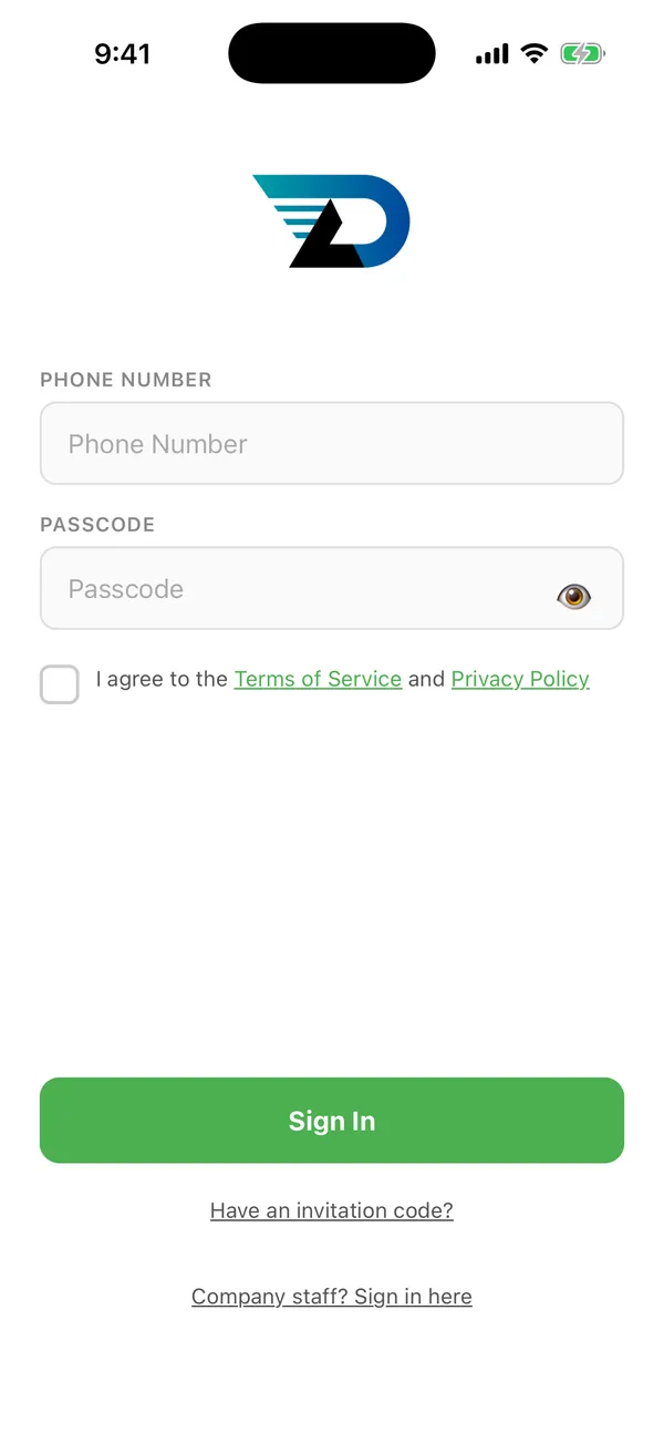 หน้าเข้าสู่ระบบของ DDash Passenger