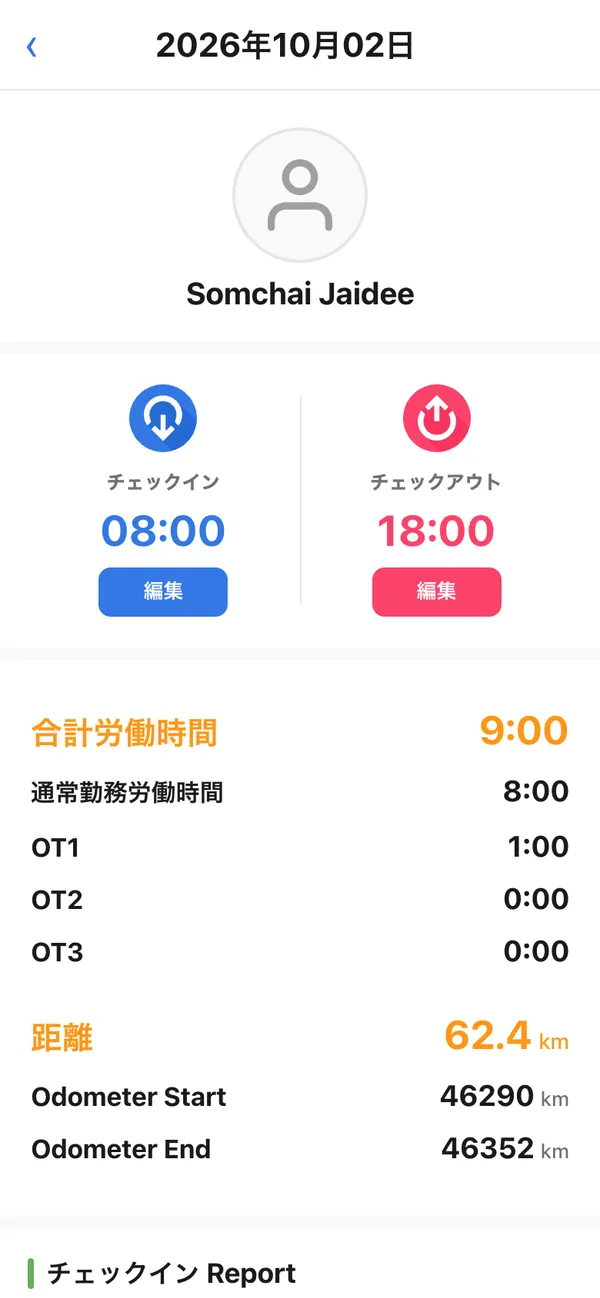 日付を選んだときの勤怠の詳細