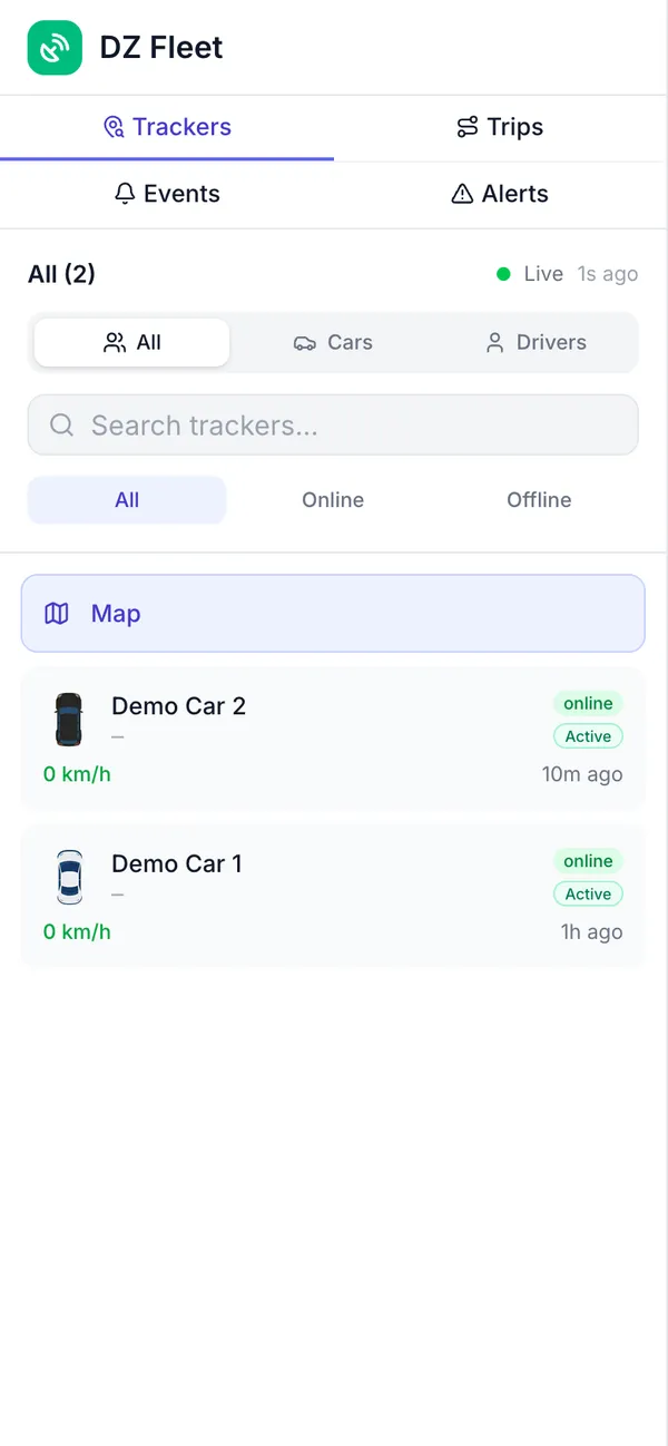 เมนูแท็บ Fleet (Trackers / Trips / Events / Alerts) และรายการรถ