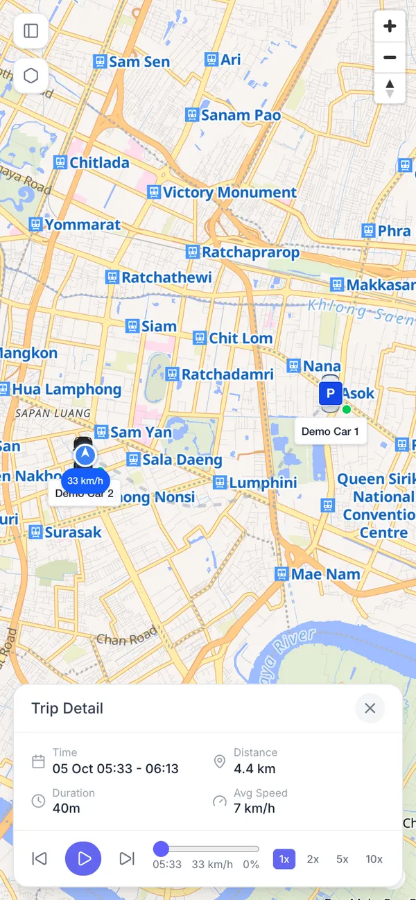 Route and details of a selected trip (time, distance, duration)