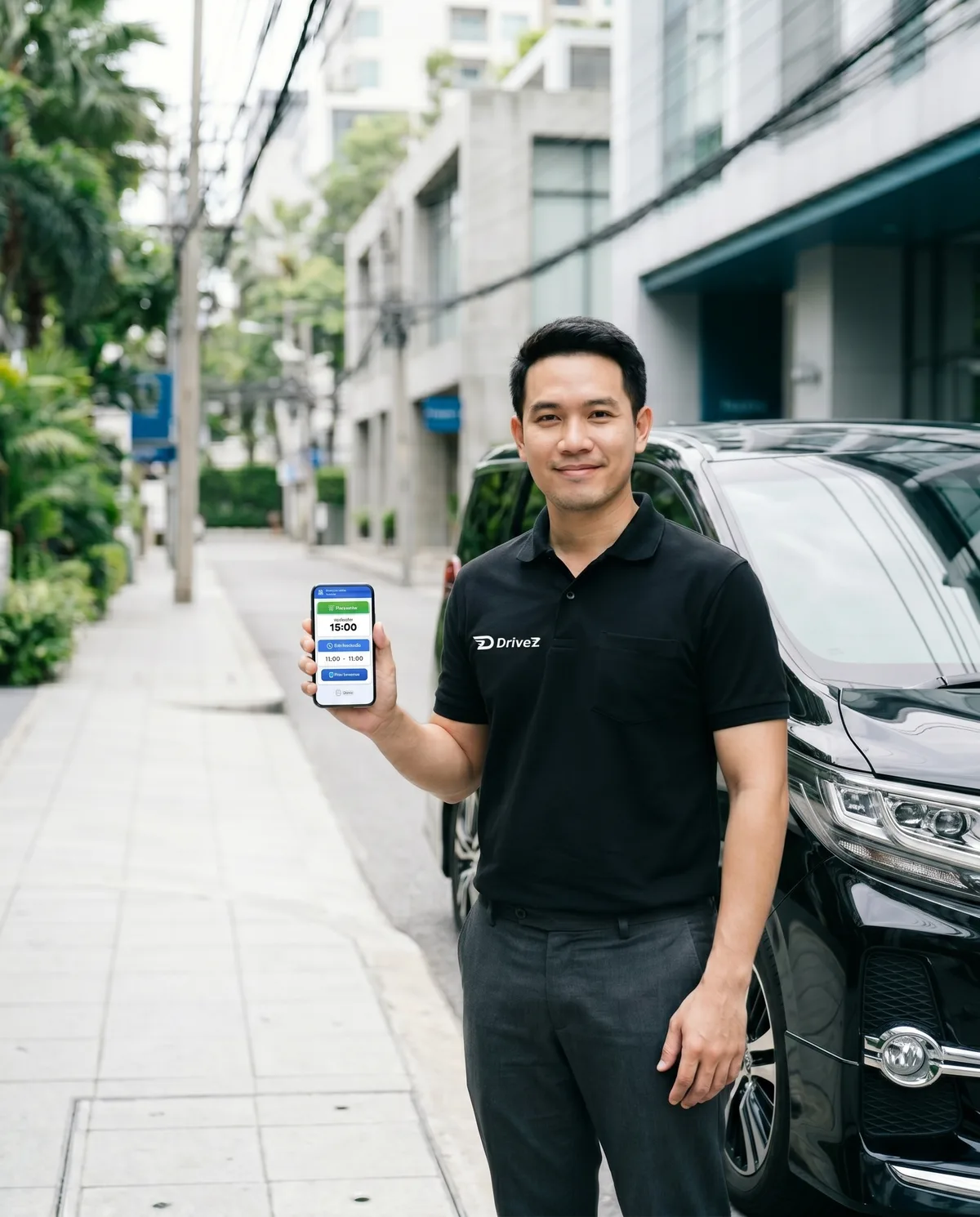 DriveZ driver with the DDash app beside a vehicle